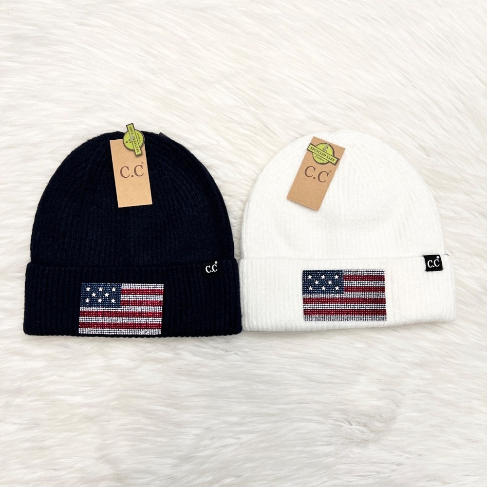 C.C USA Rhinestone Flag Beanie Adults, American Flag Beanies, 4th of July Beanie
